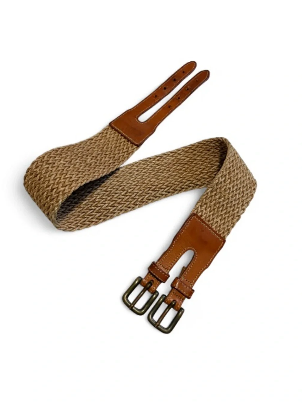 Vintage Banana Republic Woven Cotton and Leather Belt w/Double Brass Buckles